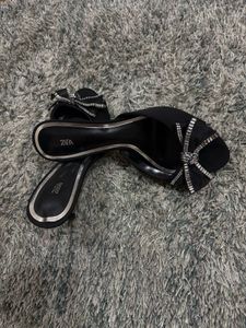 ZARA  Black Satin Rhinestone Bow Mules