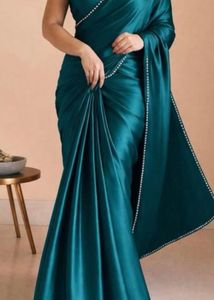 Elegant Teal Satin Saree with Pearl Embellishments