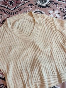Cream Ribbed V-Neck Sweater