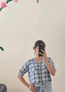 Light Blue Plaid Cropped Shirt