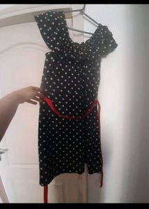 Navy Blue Off-Shoulder Dress with Red Belt
