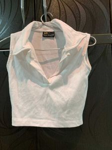 Sleeveless White Cropped Polo | Collared Top |