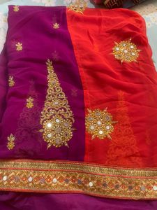 Beautiful Red &amp; Purple Saree with Mirror Work