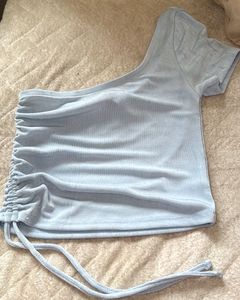 Light Blue One-Shoulder Ruched Top
