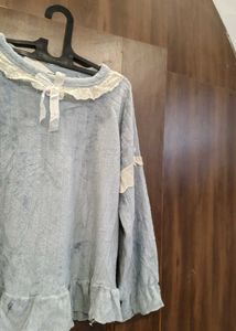 Cozy Blue Lace Trim Pajama Top