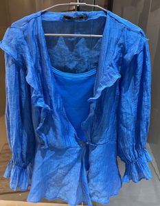 Blue Ruffled Wrap Top