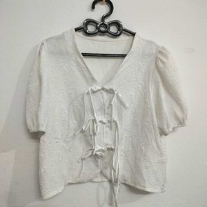 White Textured V-Neck Tie-Up Top