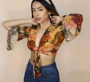 Floral Sheer Tie-Front Crop Top