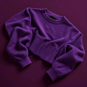PURPLE RIBBED BALLOON-SLEEVE CROPPED SWEATER.