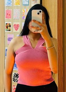 Pink Ribbed V-Neck Tank Top