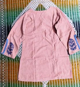 Stylish Pink Striped Kurti with Blue Floral Print
