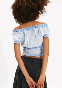 Blue &amp; White Striped Ruffled Crop Top