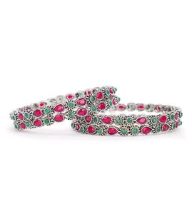 Set Of 4 Oxidised Pink &amp; Green Stone Bangles (2.4)