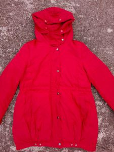 Vibrant Red Puffer Jacket with a Hoodie