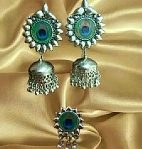 Peacock Jhumka Earrings and Ring Set