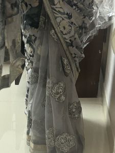 Silver Embellished Party Wear Net &amp; Georget Saree