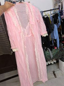 Pink Lace Trim Nightgown &amp; Robe Set
