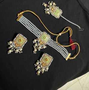 Gold Plated Gray Moti With Minakari Jewellery Set