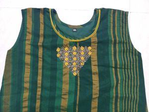 Green &amp; Gold Striped Kurta with Embellishment