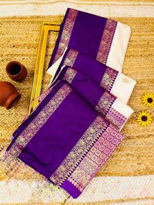 Elegant Cream &amp; Purple Silk Saree
