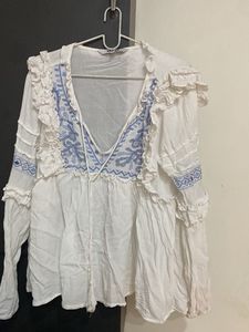 Boho White Embroidered Blouse with Tassel Tie