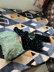 Velvet Green Blouse & Net Leheng