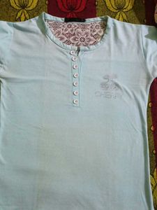 Light Blue Henley Top with Lace Detail