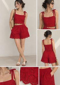 Chic Red Eyelet Crop Top & Shorts Set