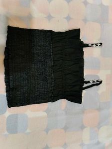 Chic Black Smocked Crop Top with Embellished Strap