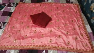 New Pink Embroidered Silk Saree with Blouse Piece