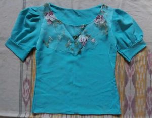 Blue Puff Sleeve Top with Floral Print