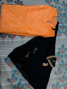 Designer Orange Gown with Navy Shrug