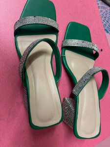 Green Rhinestone Block Heel Sandals Combo Of 3