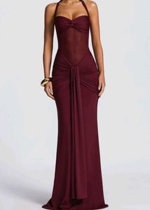 Elegant Maroon Halter Neck Evening Gown