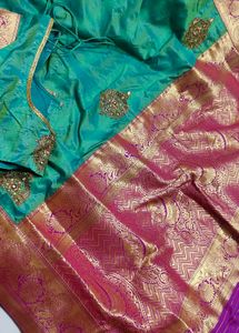 hand work 💯 Green Silk Saree with Gold Border