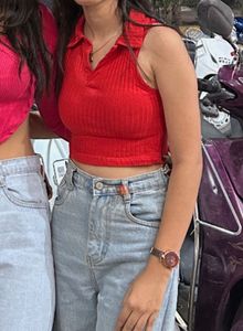 Zara Red Ribbed Collared Sleeveless Top