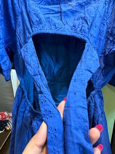 Women Royal Blue Schiffli Back Tie Short Skater Dr