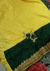 Elegant Emerald Green And yellow Embroidered Saree