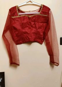 unused Elegant Red Blouse with Sheer Sleeves