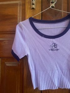 Purple Ribbed Crop Top with Flower Detail
