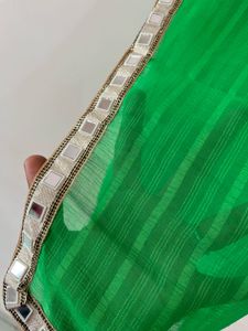 Vibrant Green Striped Saree with Mirror Work