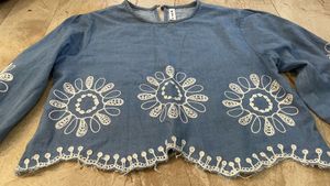 Blue Denim Top with White Embroidery
