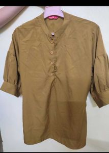 Brown Puff Sleeve Collared Top