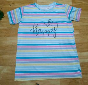 Striped T-Shirt with "Happy" Graphic