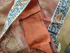 Coral And Beige Embroidered Saree (Women's)