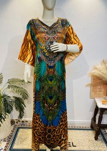 Vibrant Peacock Print Kaftan Maxi Dress