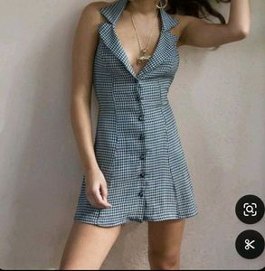 Navy BLUE Checked Stretchable Button Down Tunic