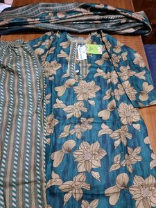 Teal Floral Print Kurta Set