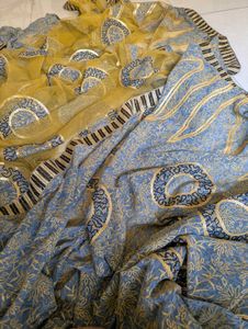 Mustard grey golden designer saree