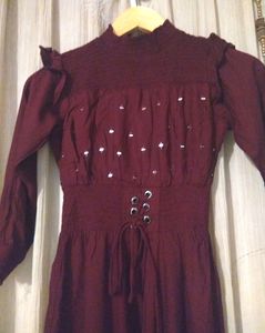 Maroon Long Full Sleeves Dress Elasticated Waist